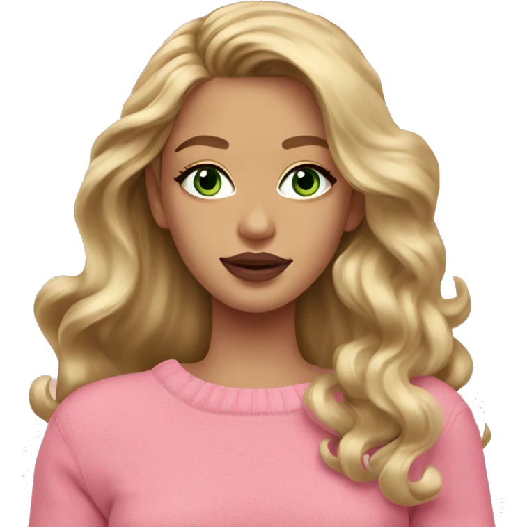 Dark blonde girl pink sweater pink lipstick green eyes gold earrings pink nails wavy long hair full body emoji