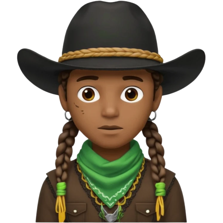 Black boy with 3 braids on each side of face wearing a black cowboy hat with green bandana around his neck emoji