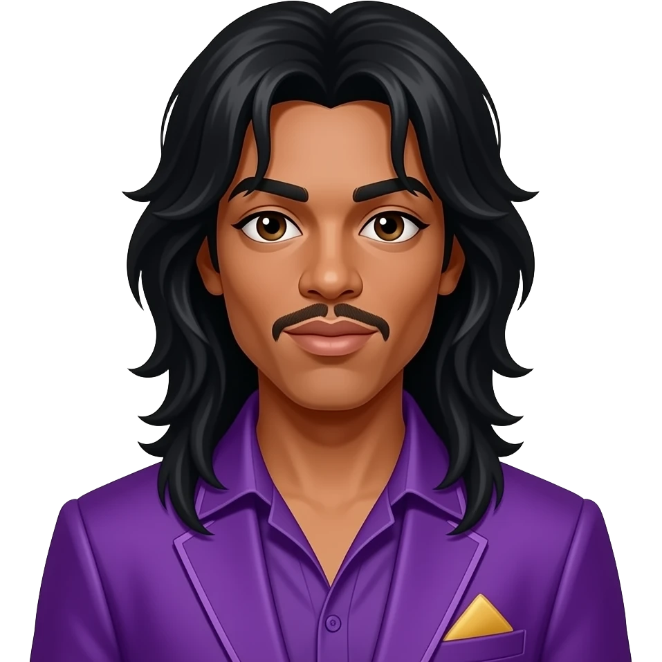 Prince Rogers Nelson with dark brown eyes, long black hair, purple pop idol outfit emoji
