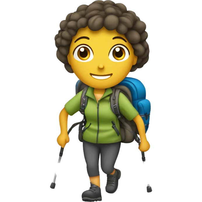 ragazza con zaino e bastoncini che cammina in un trekking emoji