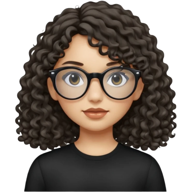 create a frontend girl that has a round face long curly hair with a side curtain bangs and wears black square rayban glasses doesnt smile with her teeth and white emoji