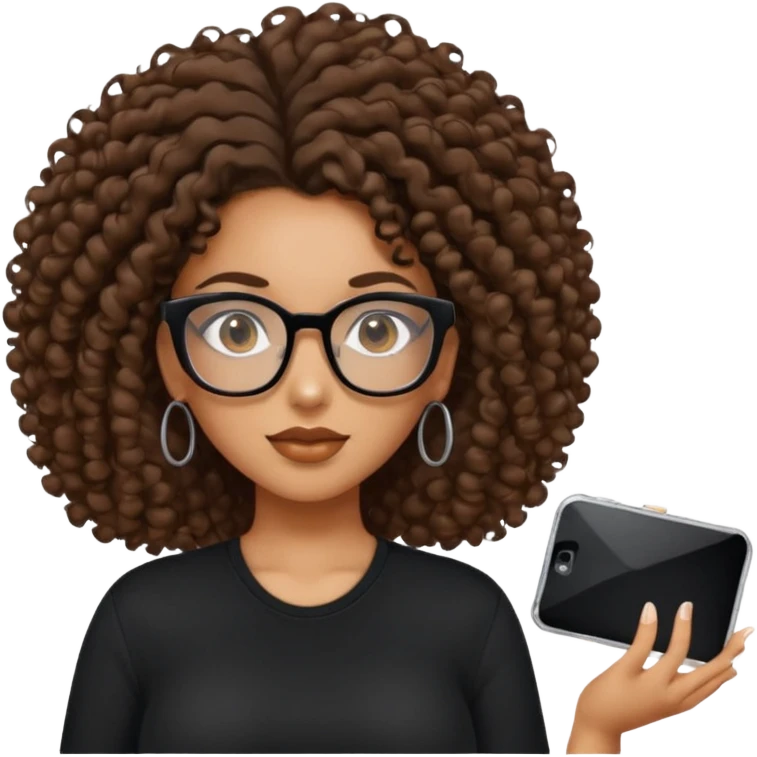 A mixed girl with rectangle glasses, the girl is wearing a black shirt, the girl has brown curly big hair pulled back and the girl has big boobs  emoji