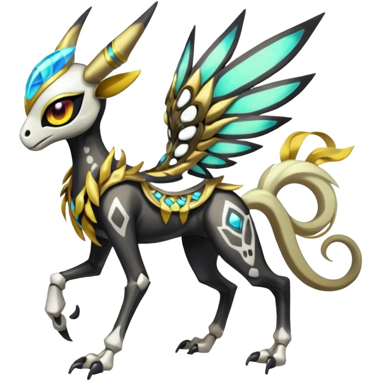 Big-eyed anime-styled Colorful Shiny Tribal Skeletal masked armored Meloetta-Silvally-Solgaleo-Raikou-Pokémon-Digimon-Fakémon-fusion-hybrid-creature, full body emoji