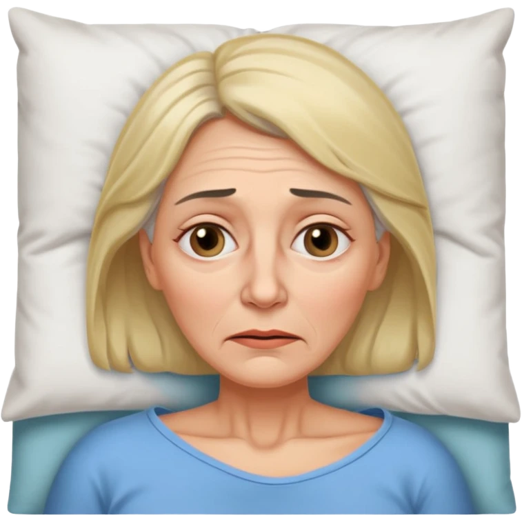 A 55-year-old woman lying in bed. She looks exhausted and desperate, with visible dark circles under her eyes, tired facial expression. emoji