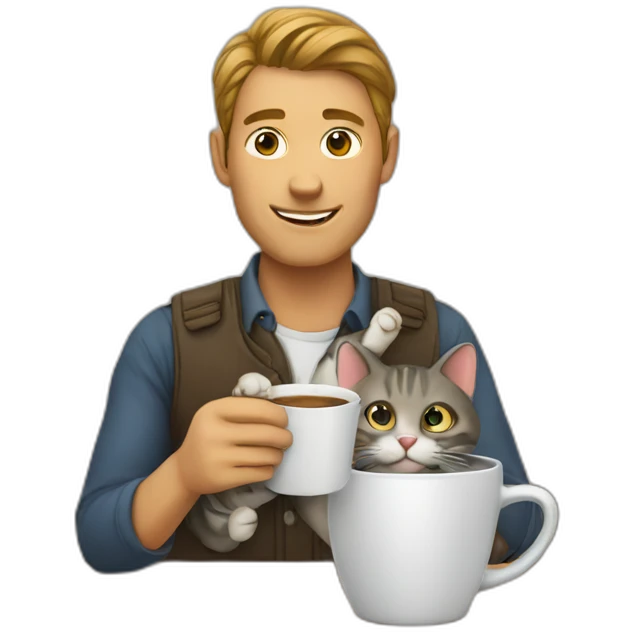 man holding a cup in which a cat is sitting emoji