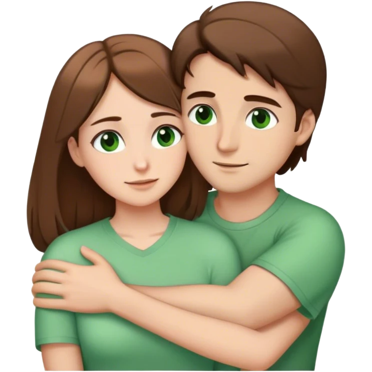 white couple with brown hair, man has short hair and brown eyes. woman has long hair and green eyes .they’re hugging each other  emoji