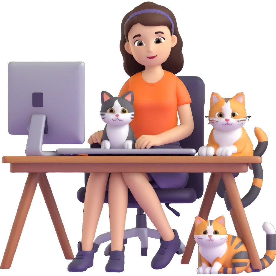 a girl at a desk with a computer with a cat lying beside the computer emoji