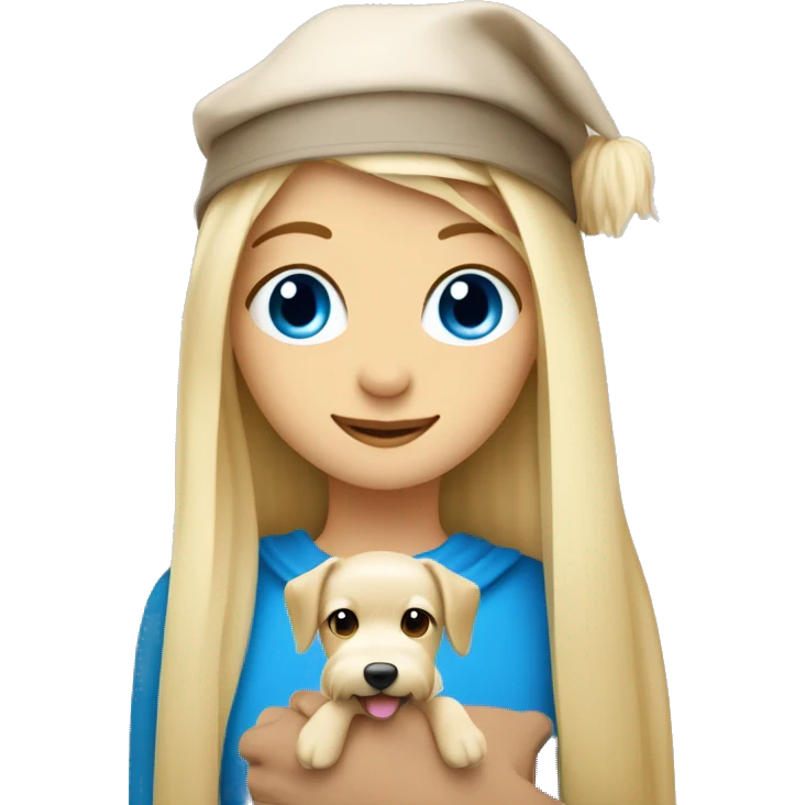Blonde girl with long straight hair and blue eyes hugs a beige maltipu with a new year cap emoji