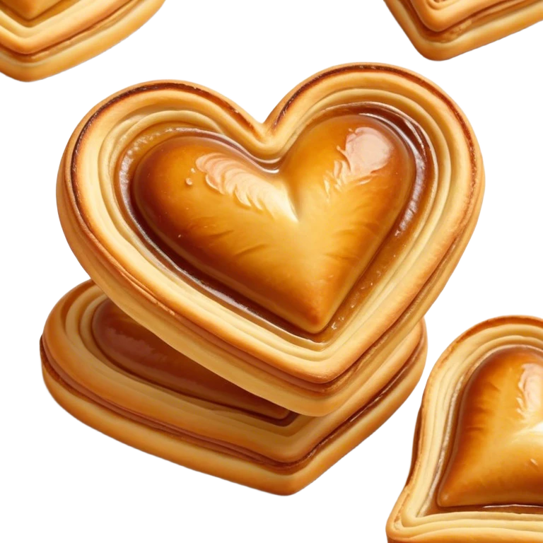 Cinematic crisp palmier, golden-brown heart-shaped pastries, perfectly caramelized layers, delicate and flaky, warm glowing background, inviting and delicious. emoji