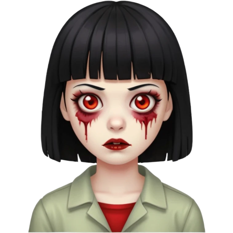 zumbie com cabelo preto e liso de franja vegana e olhos vermelho emoji