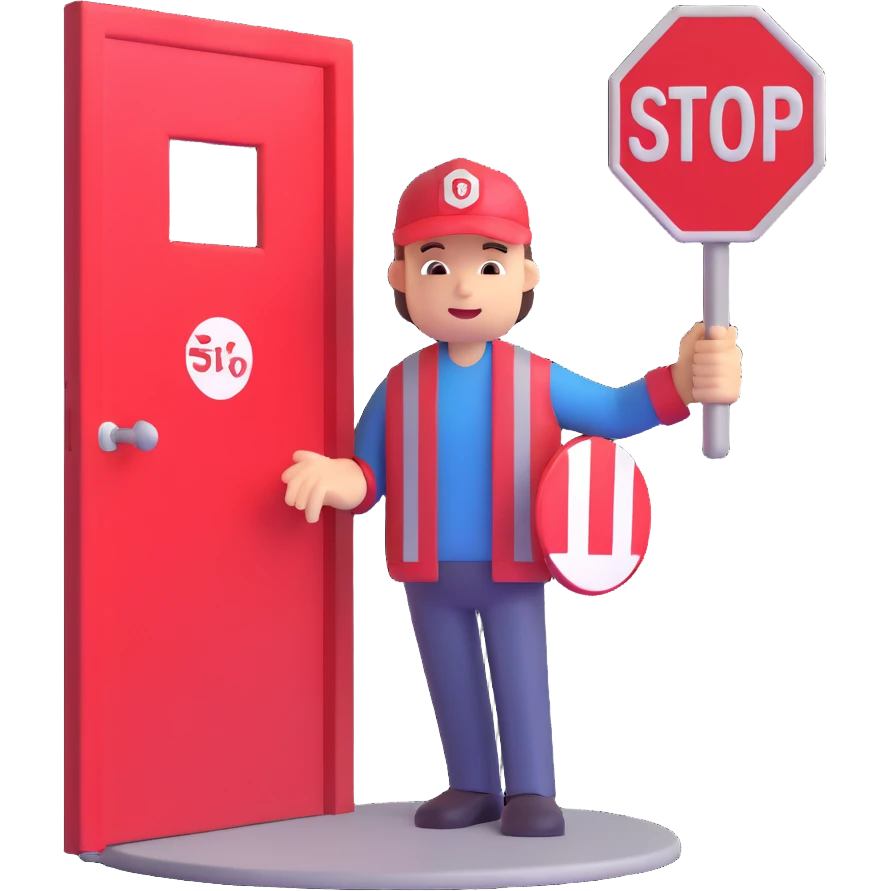 character holding a stop sign in front of a door, representing gatekeeping emoji