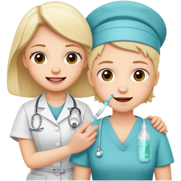 Create a cute, funny sticker-style story in a cartoon illustration.
Scene sequence shows a nervous patient getting an injection from a kind nurse.
 emoji
