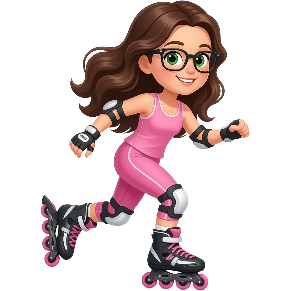 young girl in the style of iphone emoji people, fair skin, green eyes, glasses, freckles,long dark brown wavy hair, pink tank top and pink leggings, rollerblading emoji