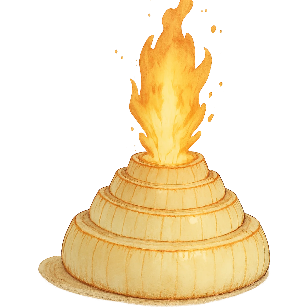 ghibli style illustration of a sliced onion volcano with fire erupting from the top emoji