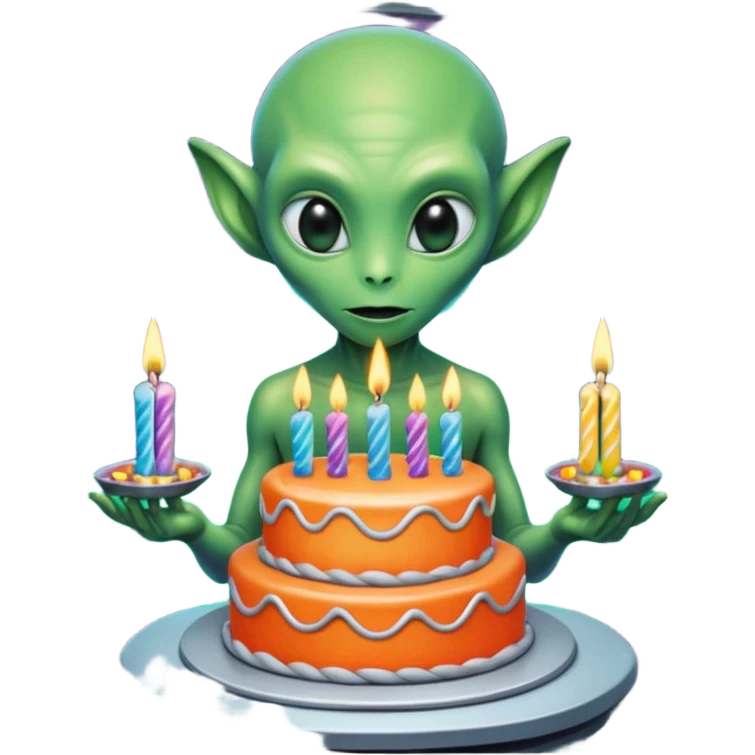 A detailed alien holding a colorful birthday cake with lit candles, standing inside a futuristic spaceship, cinematic lighting, ultra realistic textures, high resolution, dramatic shadows, sci-fi atmosphere
 emoji