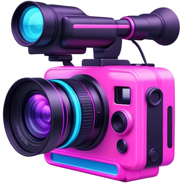 videographer's camera in pink color, with neon glow lines, blue neon glow on top left, purple neon glow on bottom right emoji