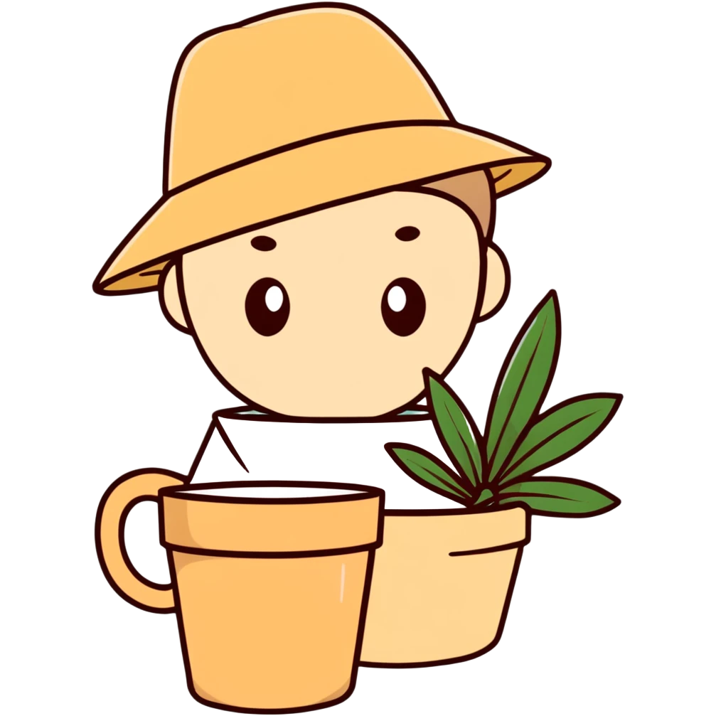 beige aesthetic coffee cup, journal, plant pot, and straw hat emoji