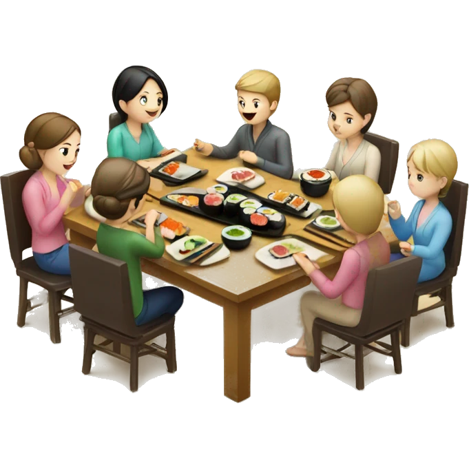 Caucasian family of 8 members eating sushi at kitchen  emoji