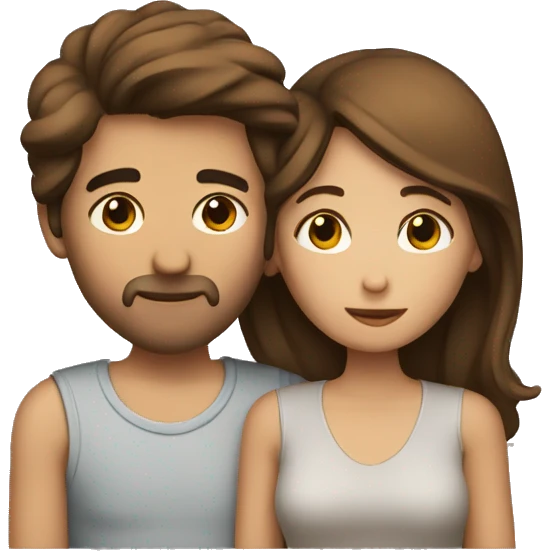 A couple that is kissing, both brown hair and with a heart in the middle emoji