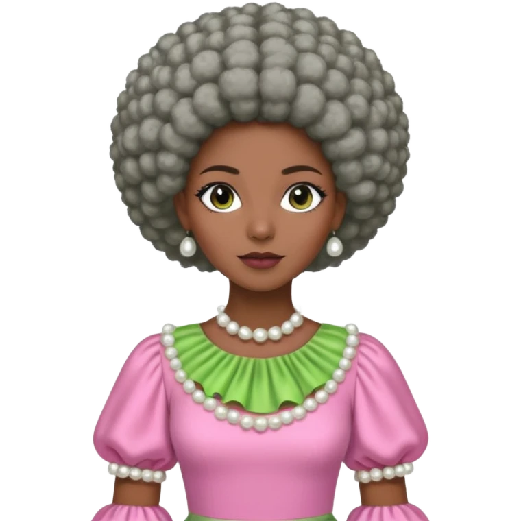 Brown woman with a very very stylish gray Afro  wearing pink and green dress  and pearl blouse with sleeves emoji