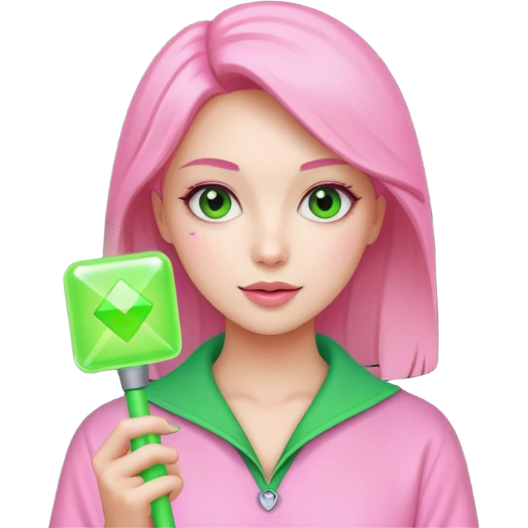 네모난 초록색 응원봉을 들고있는 분홍색 옷을 입고 있는 사랑스러운 여자 emoji
