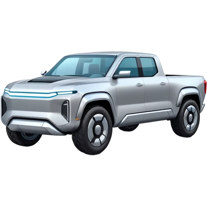 A futuristic electric pickup truck emoji, silver chrome body, angular cyber design, smooth metallic panels, subtle reflections, minimalistic proportions, iOS emoji style, centered composition, clean white background, soft lighting emoji