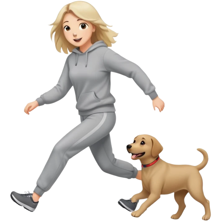 A beautiful girl with fair skin wearing a gray sweatshirt and sweatpants happily chasing a Labrador emoji