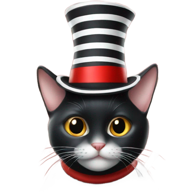 Black cat in a white and red striped top hat emoji