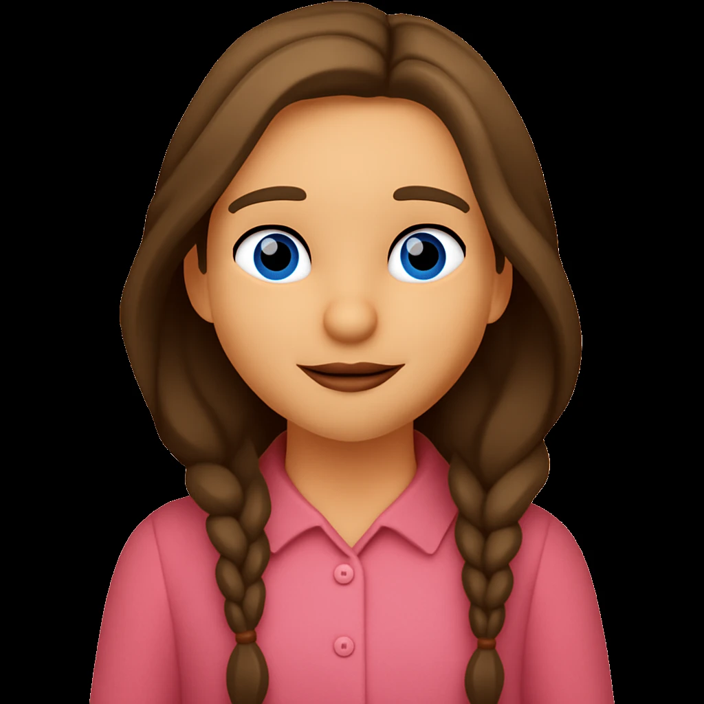 Change the jumper to look more like the one in the reference image (buttoned, with a collar and visible buttons), but keep it pink. Keep the rest of the emoji lady exactly the same: brown eyes, long wavy brown hair, same face and pose, emoji style. emoji