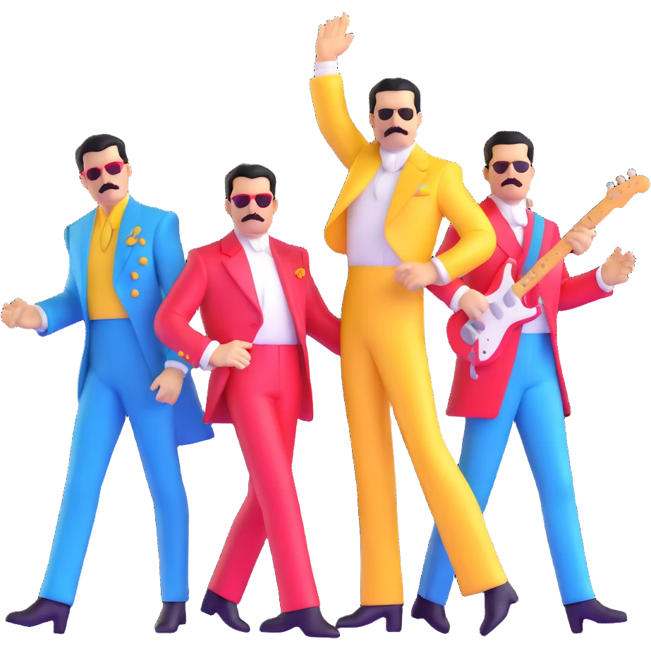 Freddie Mercury with Queen band members in colorful outfits emoji