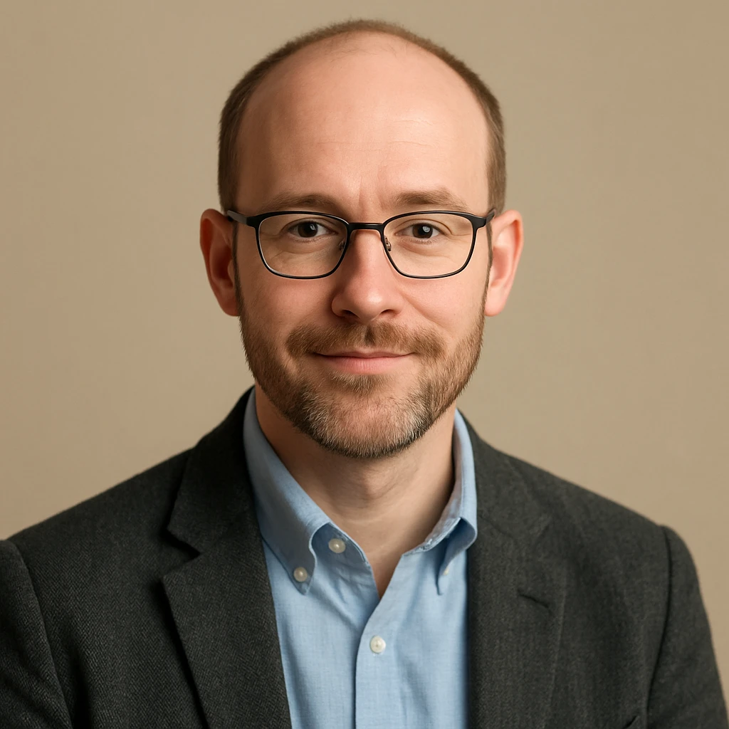 profesor con cabello muy corto, con entradas, barba muy fina y gafas, piel rosada, fondo simple emoji