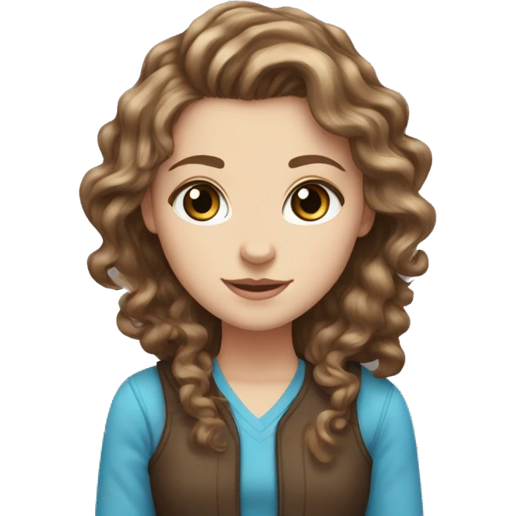 white girl with blue eyes and long curly brown hair with dark brown tabby cat emoji