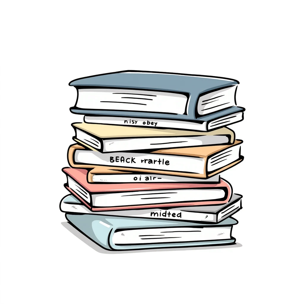 a stack of books with visible covers and spines, in pastel colors dd9fb0, ffc6d3, a3bfc9, c4bee2, f1b091, detailed hand-drawn doodle style emoji