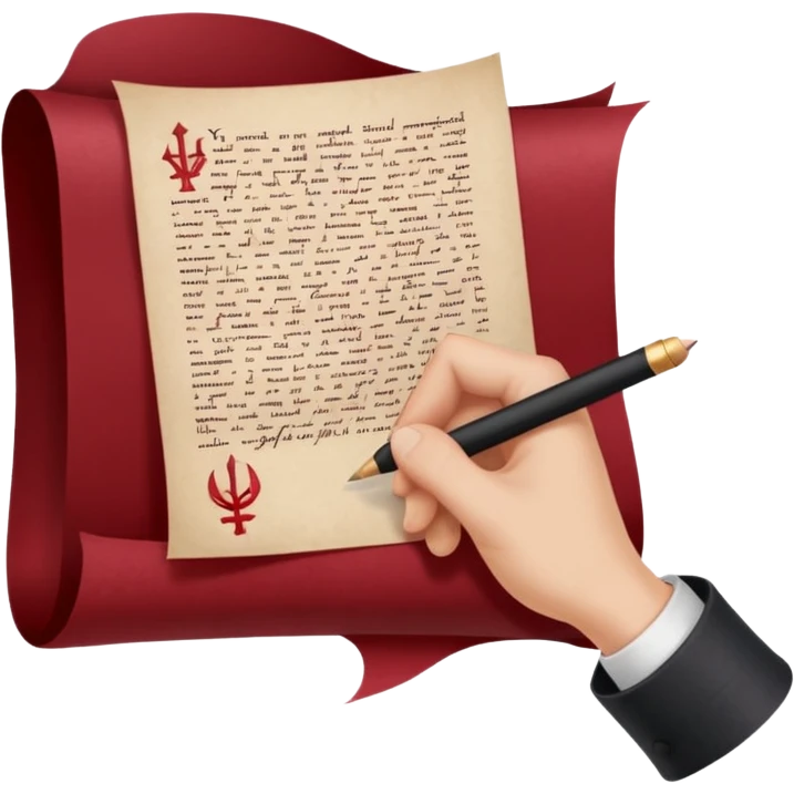 Minimalist emoji-style sticker of a pale hand signing a parchment contract titled “YOUR SOUL” in gothic font, muted red ink, grayscale background emoji