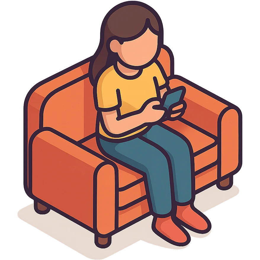 Девушка сидит на диване с телефоном emoji