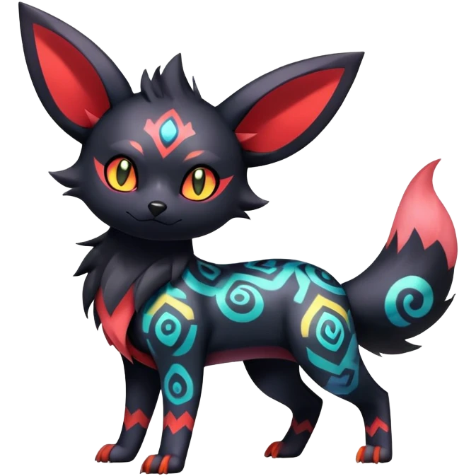 Shiny Exotic Badass Colorful Ethereal Royal Mysterious Gothic Umbreon-Zorua-Litten-Noibat-Pokémon-Fakémon-hybrid-creature (full body) with colorful pattern-markings emoji