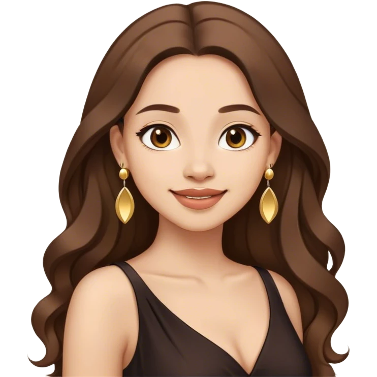 Beautiful woman,cute, happy, long brown hair in dark dress with gold earrings emoji