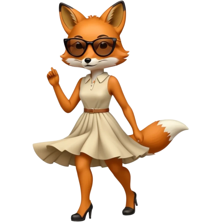 serious anthropomorphised female fox in stylish dress with sunglasses, walking with confidence, full-body view emoji