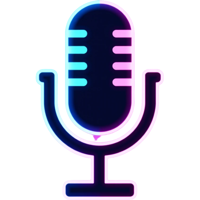 microphone with neon glow effect, blue neon glow on top left, pink neon glow on bottom right emoji