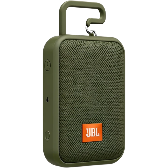 Simple JBL Go Clip 4 portable speaker, military green color, minimal design, iOS emoji style emoji