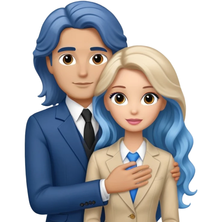 White Barbie girl Chestnut eyes blue long wavy hair In beige clothes, Hugs a man with brown hair, brown eyes and a black suit emoji