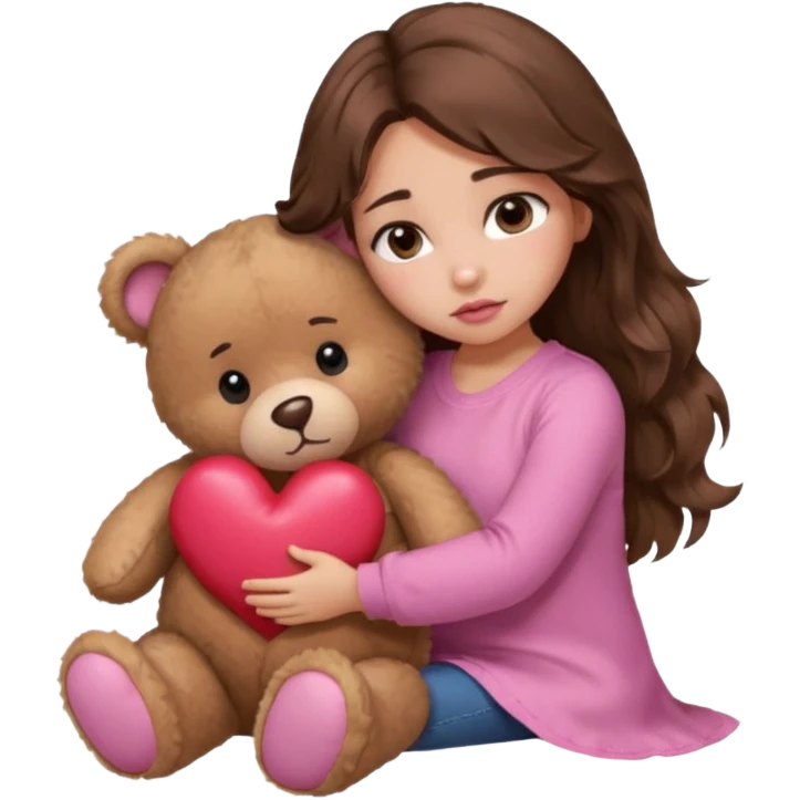 girl with long wavy brown hair, brown eyes, light to medium complexion, in a pink shirt, pink lips, long lashes, sad, hugging a teddy bear with a  heart emoji
