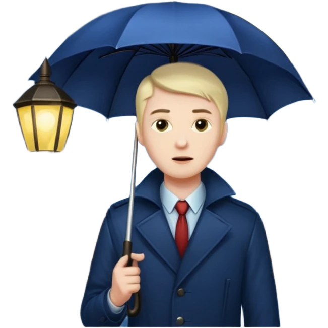 Man with umbrella + streetlight reflection, Midnight Wanderer. emoji