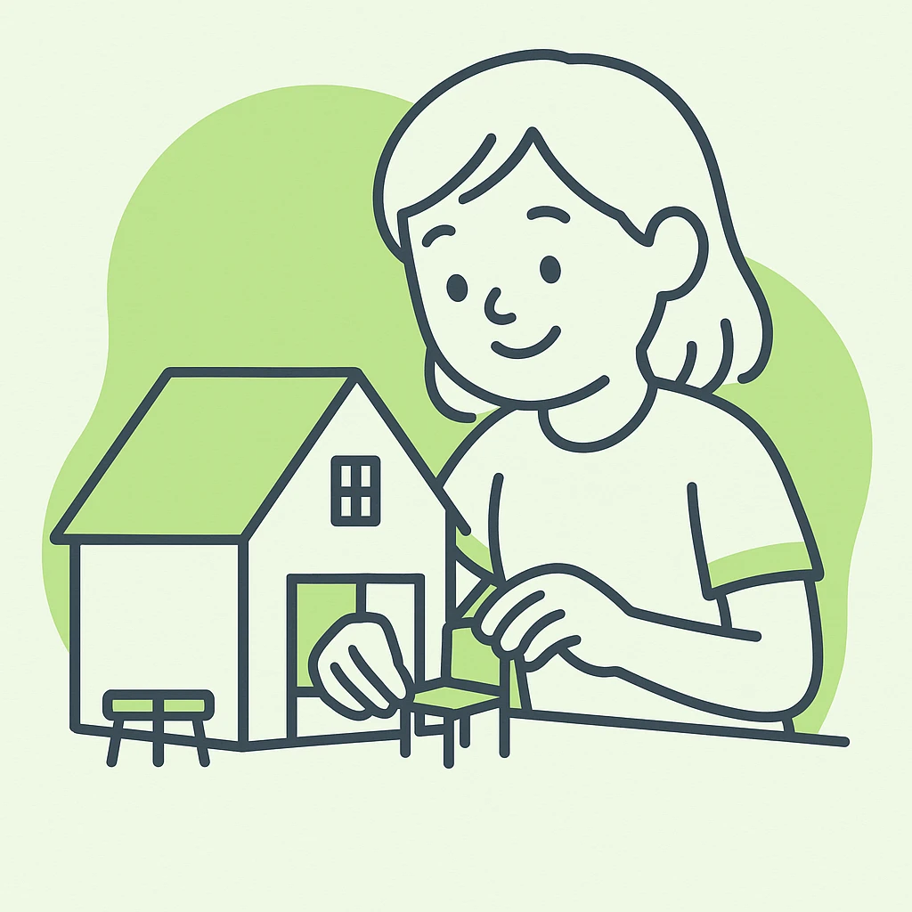 smiling girl arranging furniture in doll house emoji
