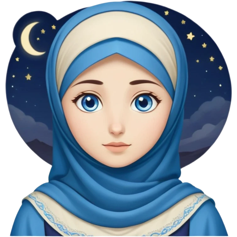 Turkish beautiful finish Konya girl blue eyes with moon hijab dress and watching the moonlight sky on the ground  emoji