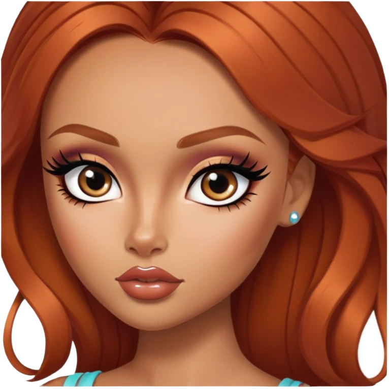 russian features, beauty, winred hair, pretty eyes, black eyeliner, pretty bratz baddie emoji