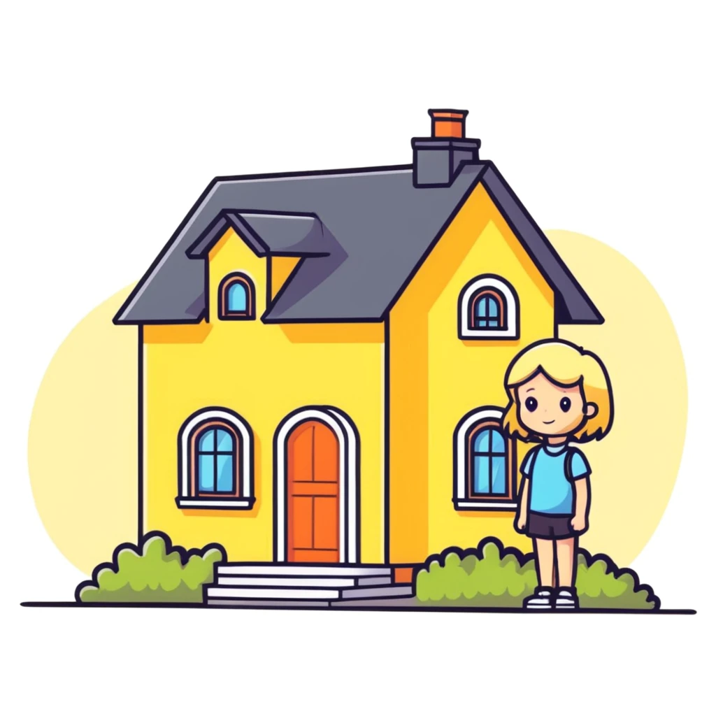 a blonde girl standing outside a small cute home emoji