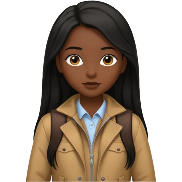 walk black long hair girl at university without backpack with brown jacket emoji