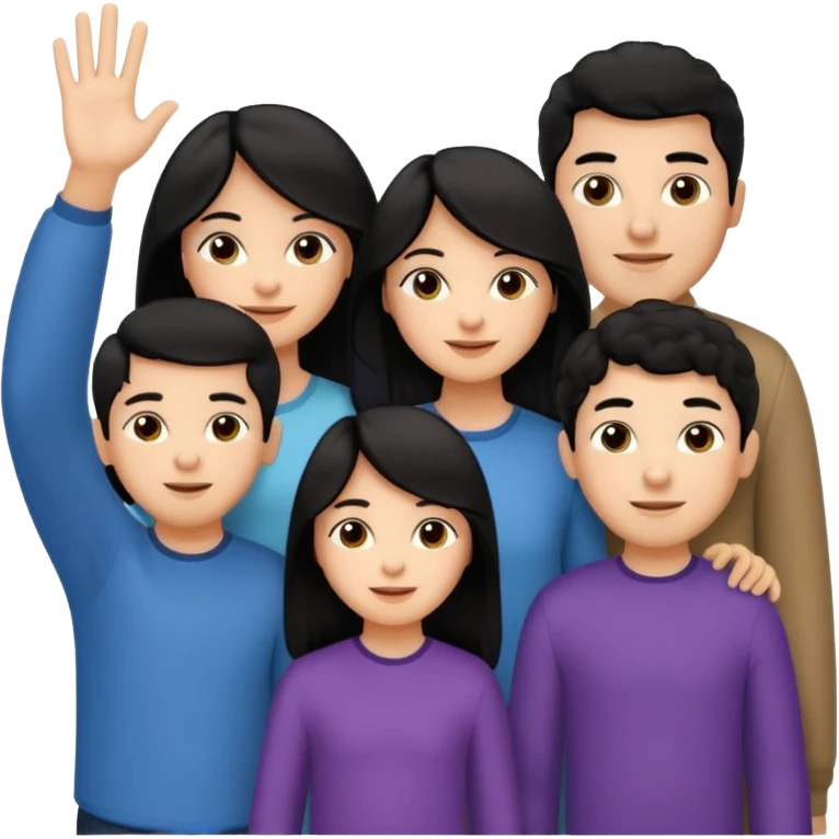 Hispanic family of five waving: mom with long straight hair, dad with short curly hair, two boys with matching short hair, and a girl with long straight hair emoji