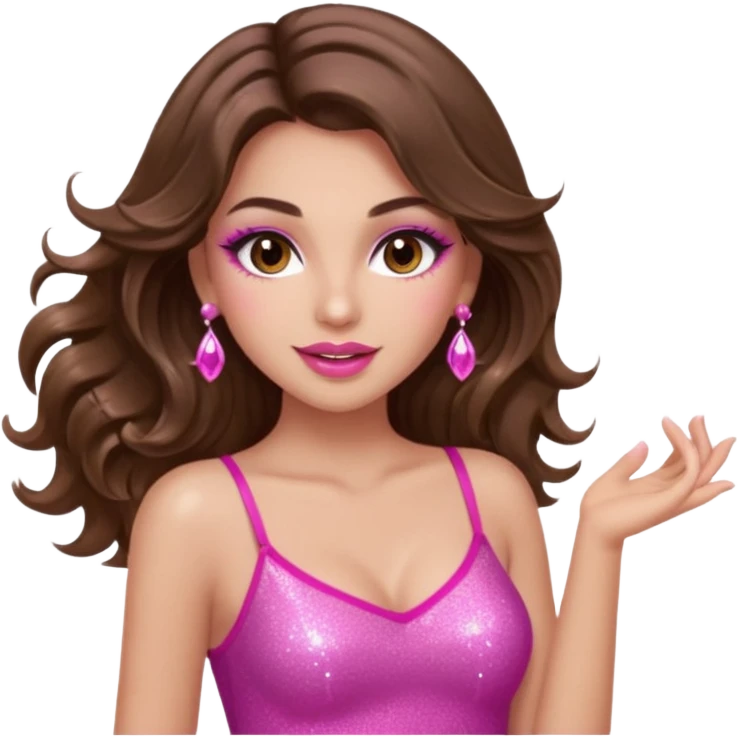 girl with long wavy brown hair, brown eyes, long lashes makeup, sexy pink lips, light to medium complexion, pink sexy top, dancing, sparkling emoji